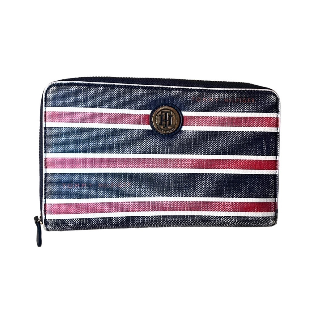 Tommy Hilfiger Red White Blue Striped Zip Around Wallet Large